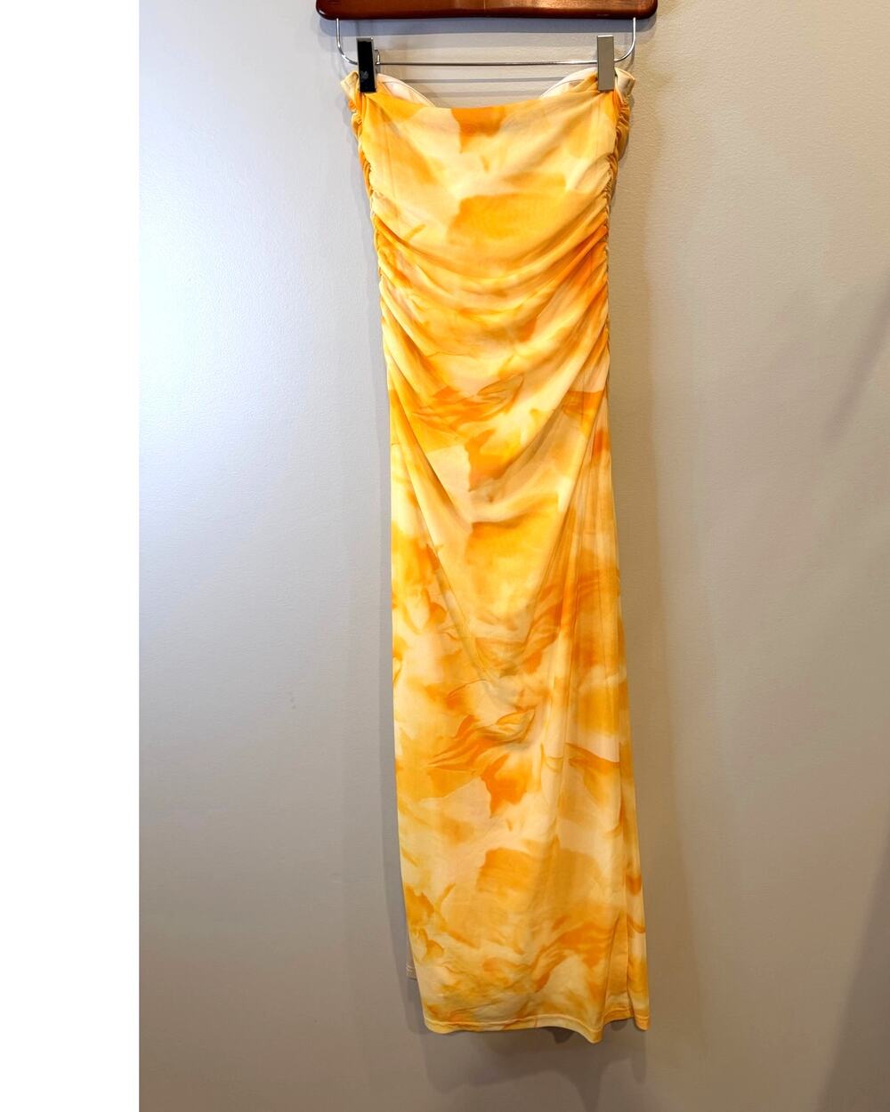 SHEIN Orange Yellow Tie Dye Ruched Strapless Maxi Bodycon with Slit Dress Size M